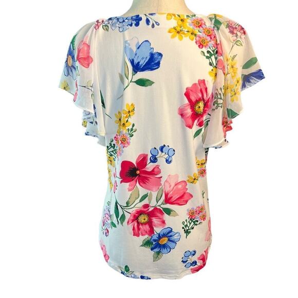 New York & Company Floral Blouse, V Tie Neck, Flutter Sleeve, size Medium - Picture 4 of 12